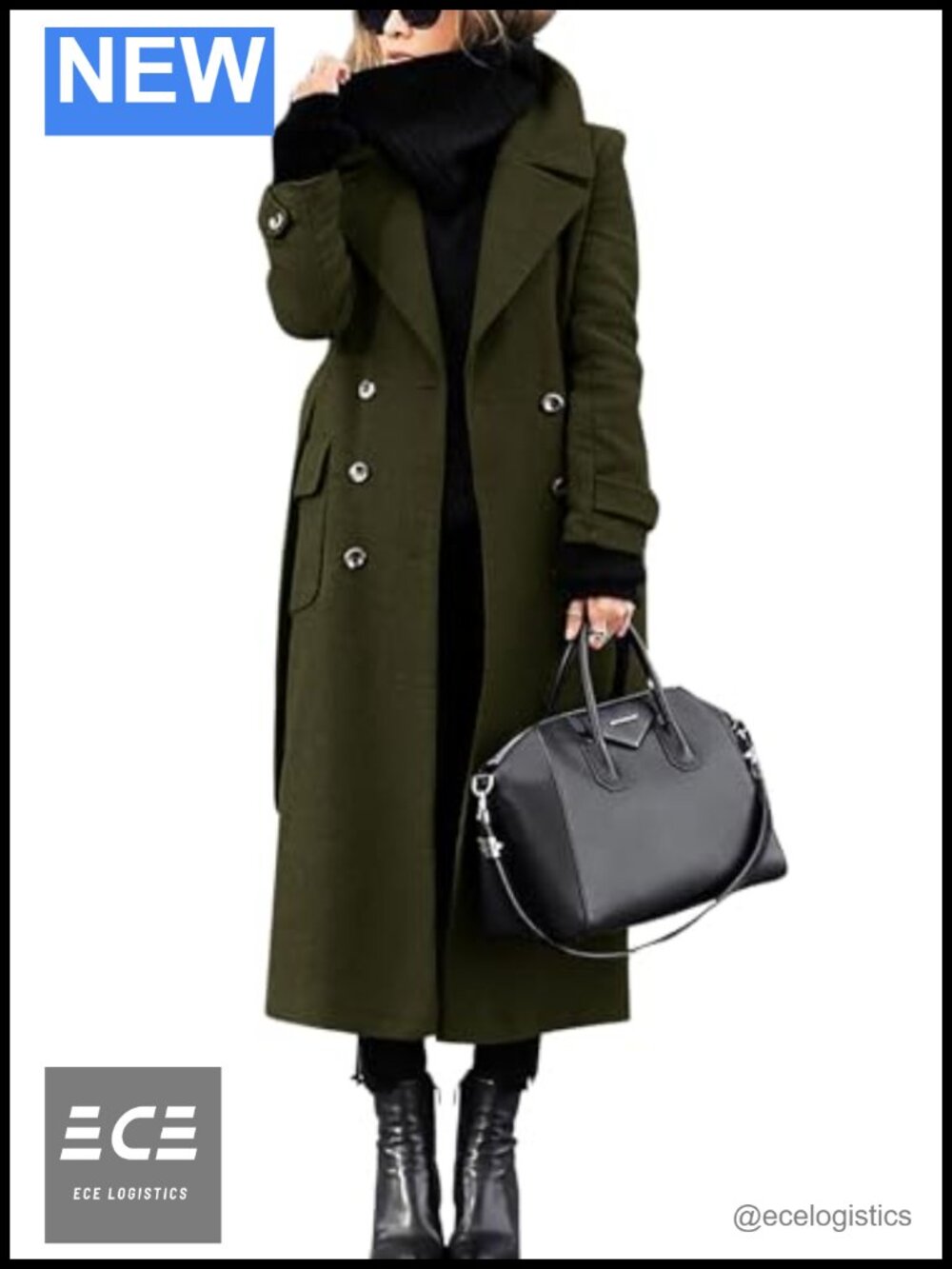 Wool Pea Coat Double Breasted Long Belted Winter Overcoat